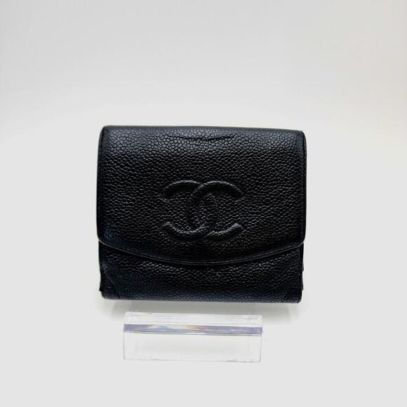 CHANEL VINTAGE BLACK CAVIAR BI-FOLD WALLET WITH COIN POUCH